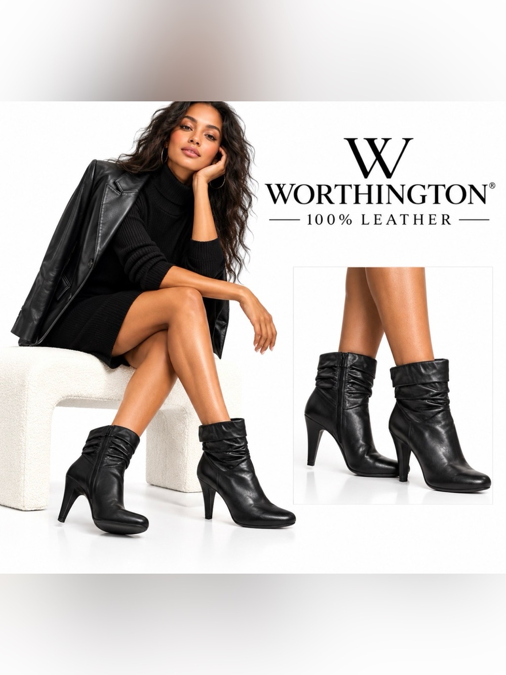 Worthington Black Ruched Heeled Ankle Boots 100% Leather Y2K